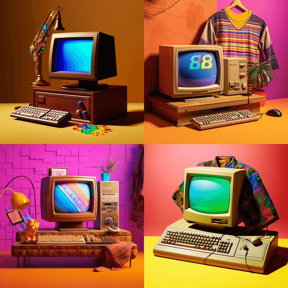 办公桌上放着一台老式电脑显示器，完美地体 - Midjourney Prompt