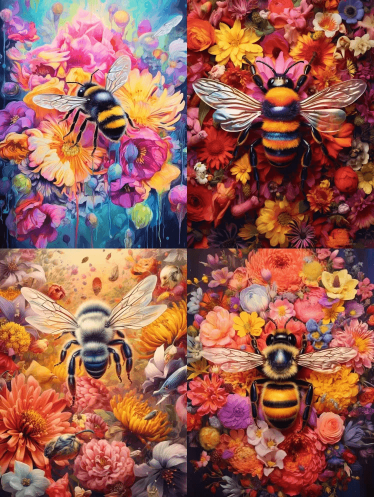 花瓣上的蜜蜂和中间的蜂头的形象，风格我不 - Midjourney Prompt