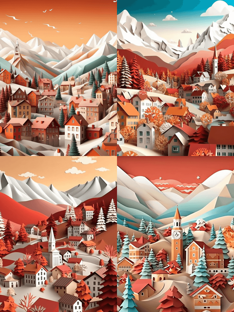 纸艺术插图，苏蒂罗尔，红色和棕色和白色的 - Midjourney Prompt