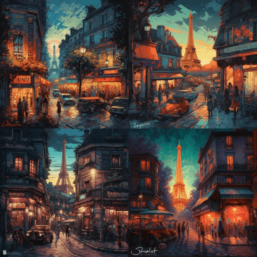 一幅生动的巴黎街头场景的油画，街头表演者 - Midjourney Prompt