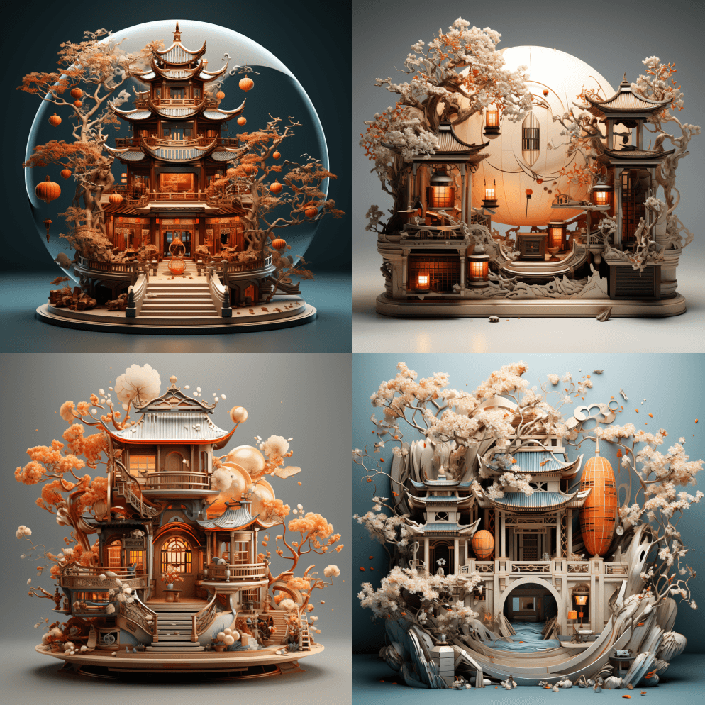 3D图标，带有中国传统元素的方形展馆，书 - Midjourney Prompt