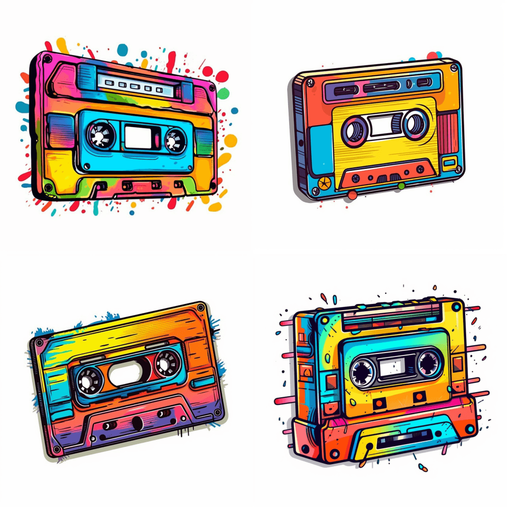 磁带，贴纸，可爱，鲜艳的颜色，素描，轮廓 - Midjourney Prompt