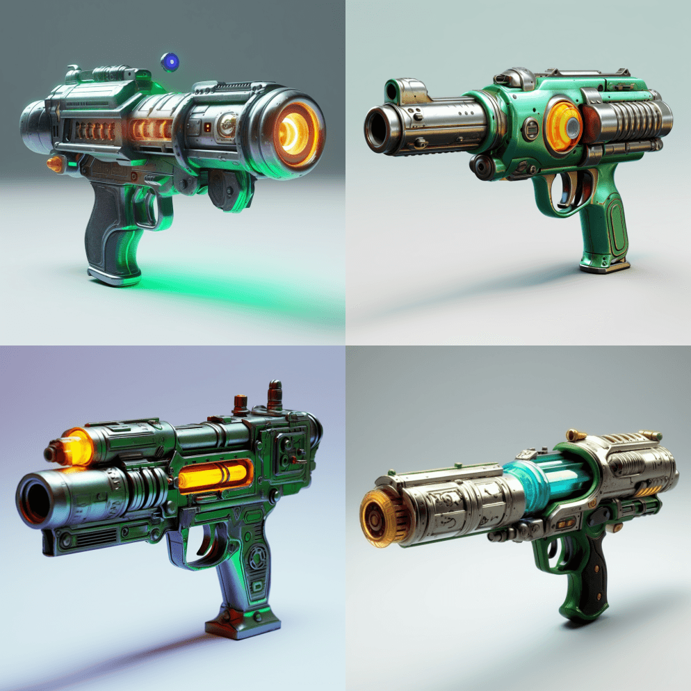 一种超精细的科幻枪支，可以在有照明的博物 - Midjourney Prompt