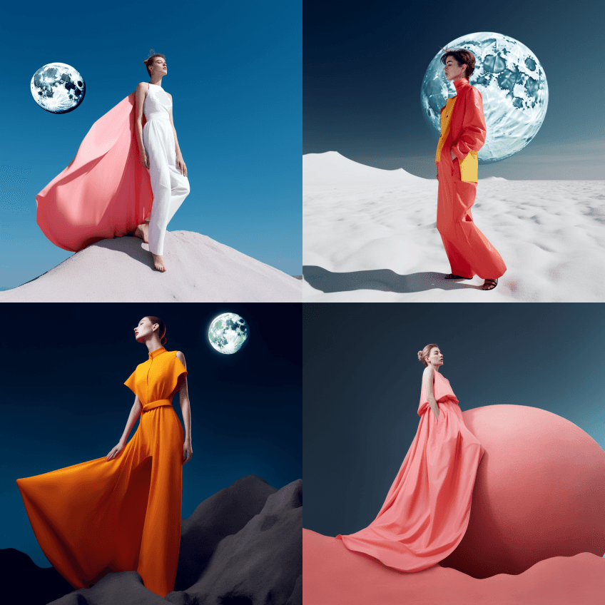 月球上的时尚拍摄，没有重力，漂浮着，月球 - Midjourney Prompt