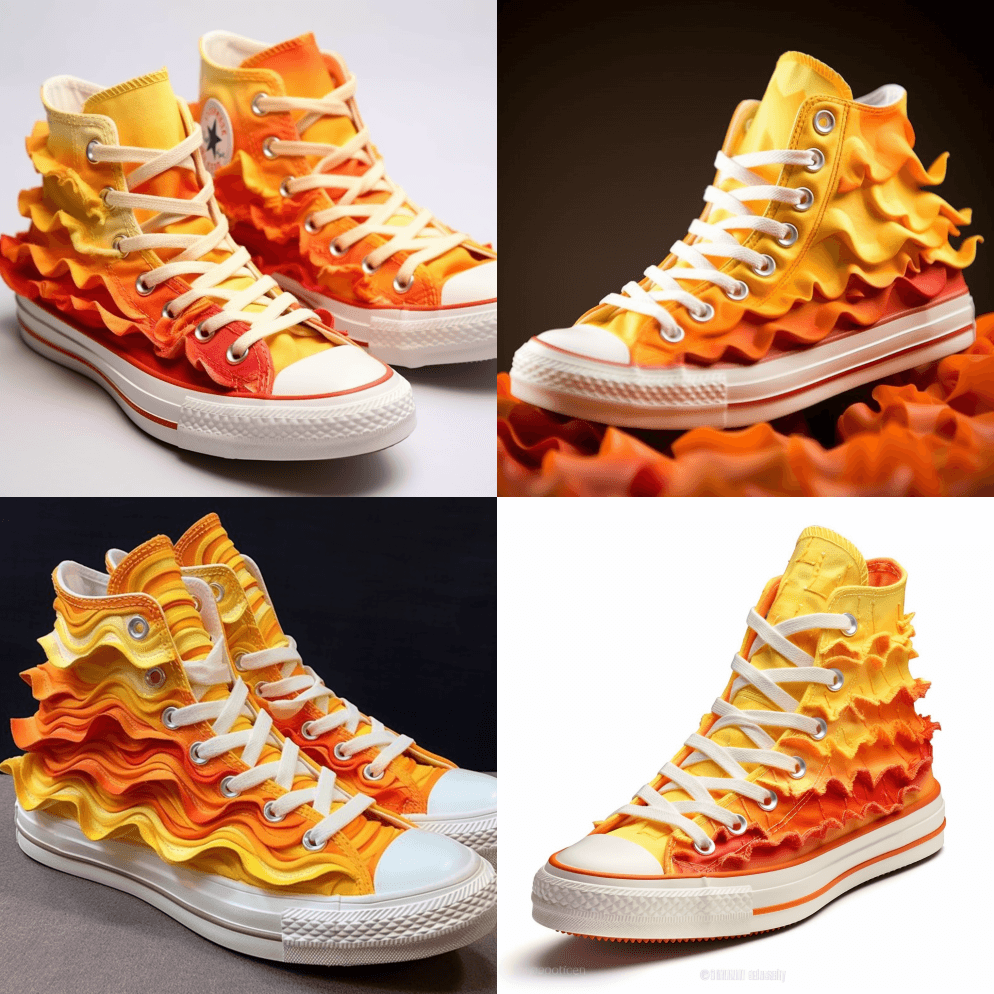 褶皱，厚颜无耻的褶皱风格设计在鞋子上，星 - Midjourney Prompt