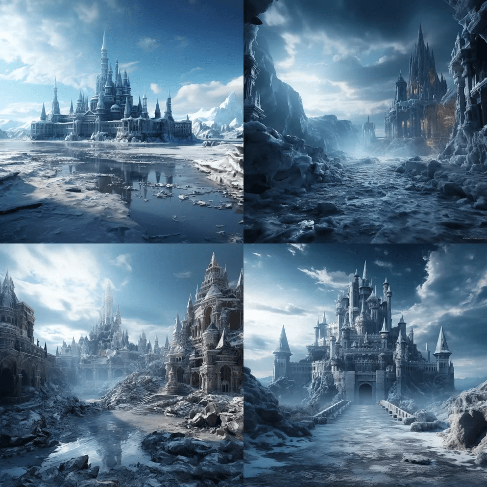 蓝色夜光水晶冰川宫殿城堡的堡垒白行者，北 - Midjourney Prompt