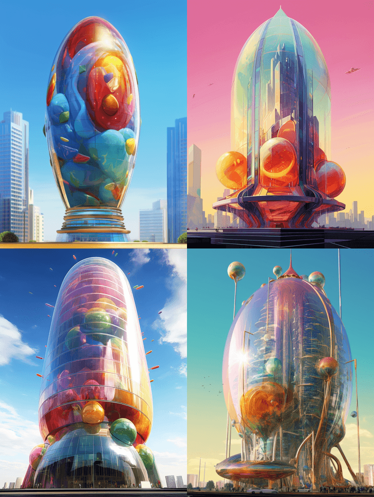未来主义的美丽时代摩天大楼，球茎状彩色玻 - Midjourney Prompt