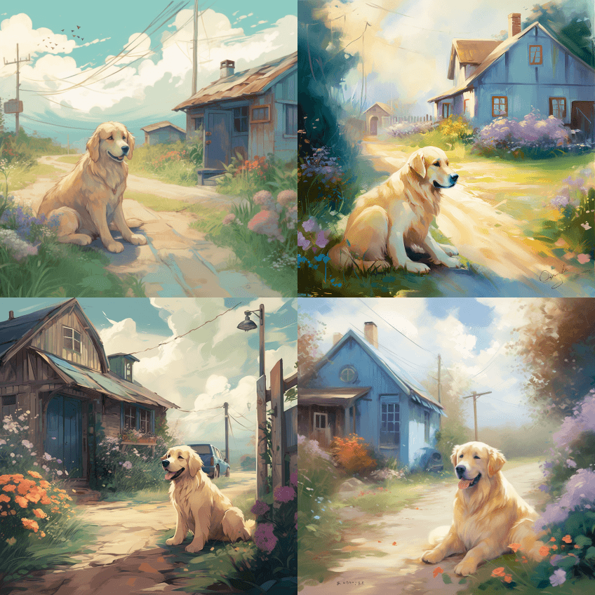一只可爱的金毛猎犬，五官细腻，坐在乡间的 - Midjourney Prompt