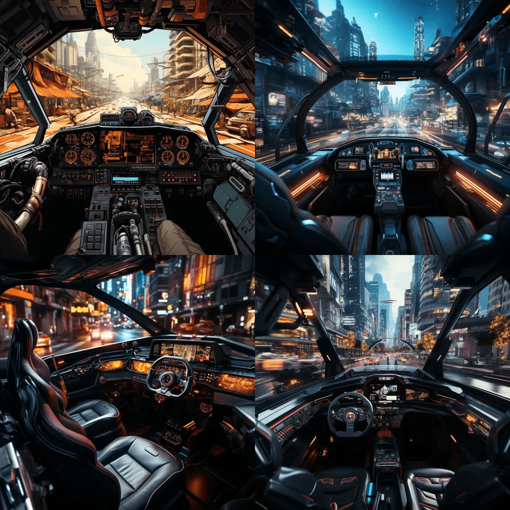 一部展示赛博朋克飞车驾驶舱的电影，以粗糙 - Midjourney Prompt