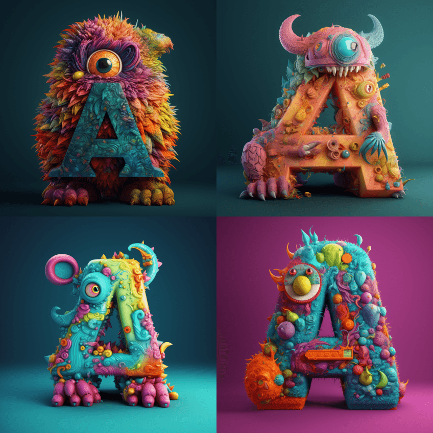 字母A形式的疯狂小怪物，工作室产品摄影灯 - Midjourney Prompt