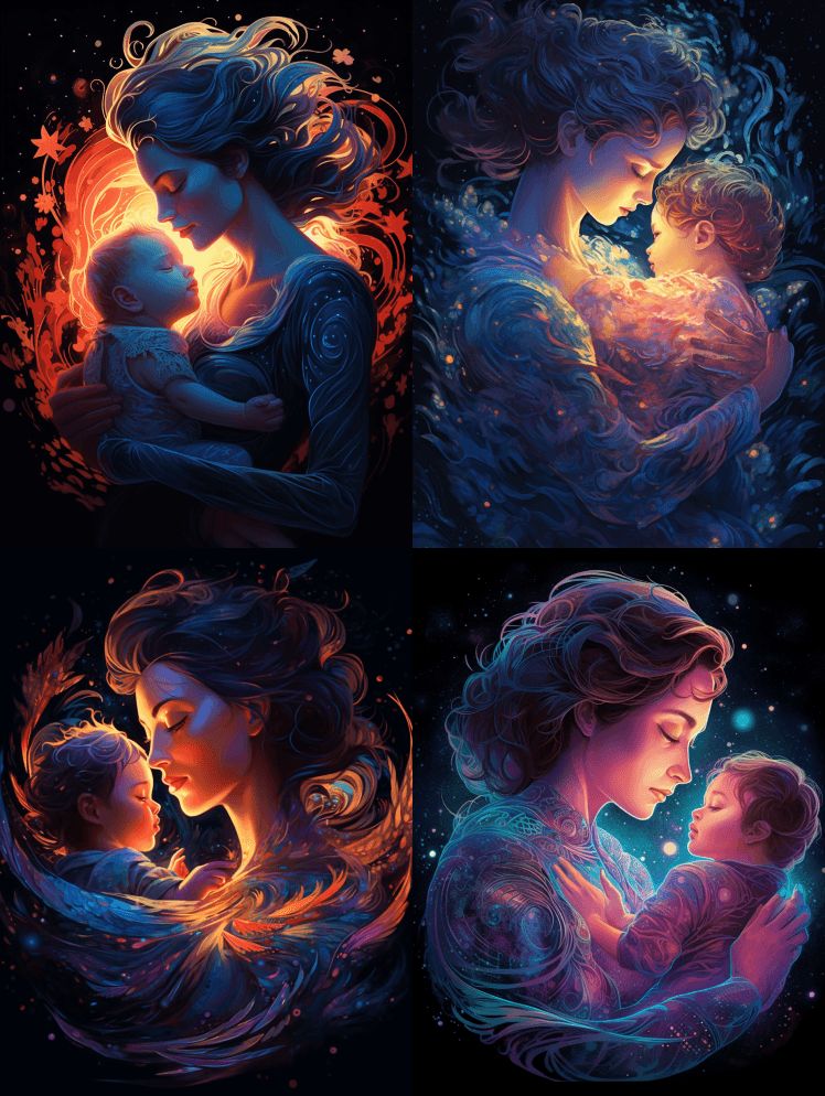 塞琳·莫里斯的母女，全息，由光制成，丹· - Midjourney Prompt