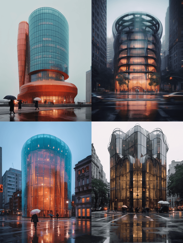这座建筑有一个巨大的玻璃立面，在雨中，以 - Midjourney Prompt
