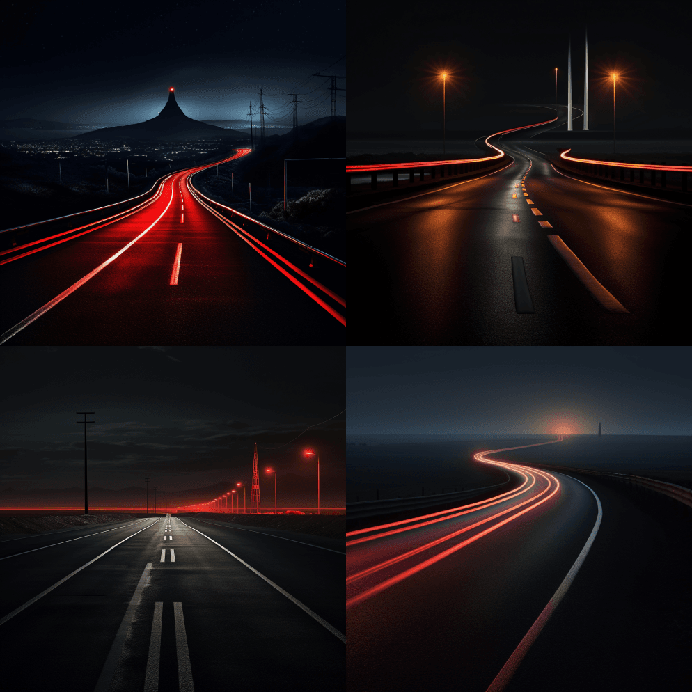 夜晚蜿蜒的道路，反光的人行道标线，塔架， - Midjourney Prompt