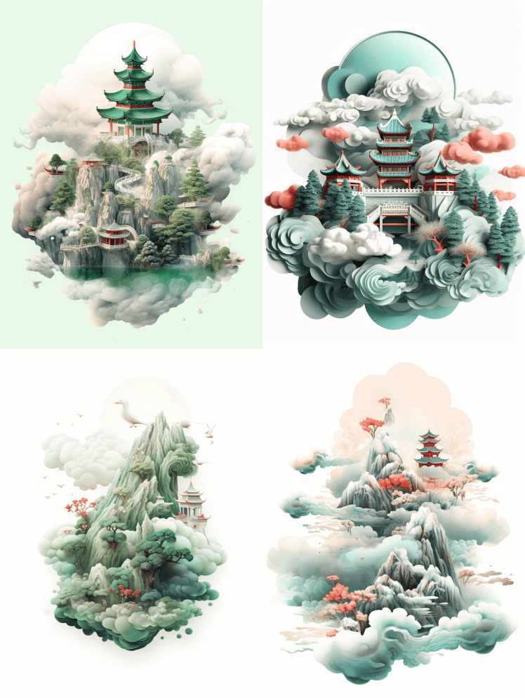 中国白底插图，8k，3D，粉笔，玉石，山 - Midjourney Prompt