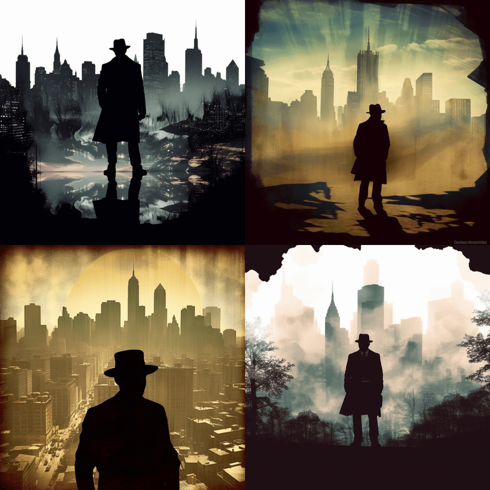 漫画风格，侦探的剪影，1900年纽约的双 - Midjourney Prompt