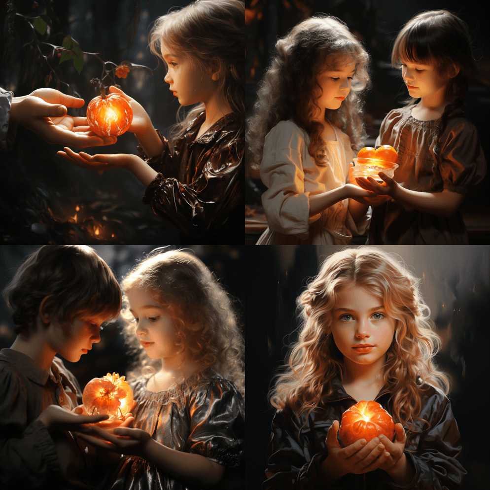 孩子的双手捧着桃子，童话，迪士尼风格，浅 - Midjourney Prompt