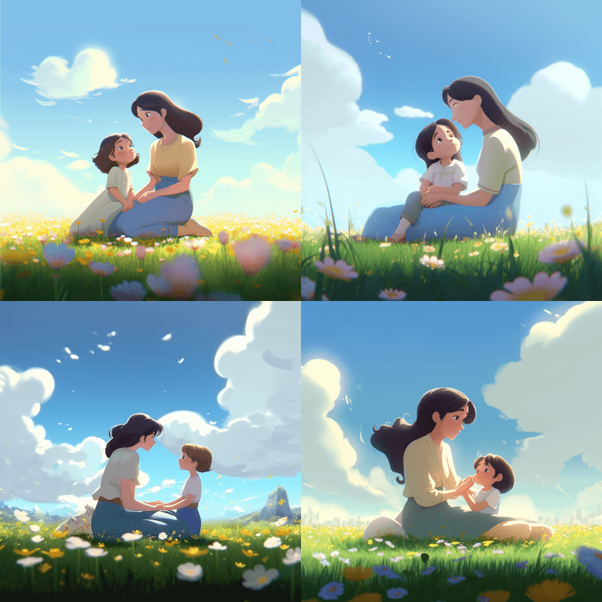 一个孩子和一个母亲坐在草地上，蓝天白云， - Midjourney Prompt