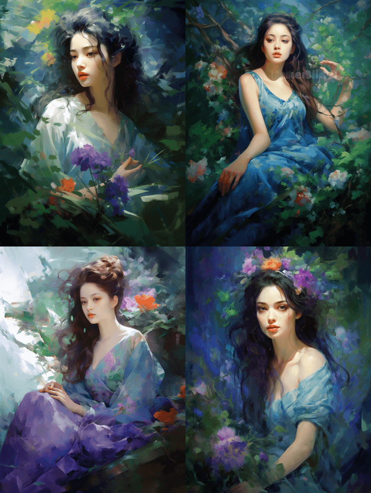 一幅带着鲜花坐着的女人的油画，风格有罗斯 - Midjourney Prompt