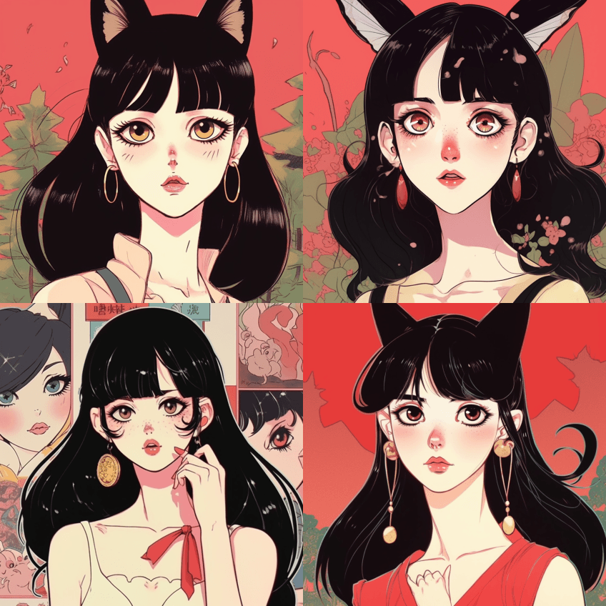仙女耳朵，黑发女孩，红眼睛，日本复古漫画 - Midjourney Prompt