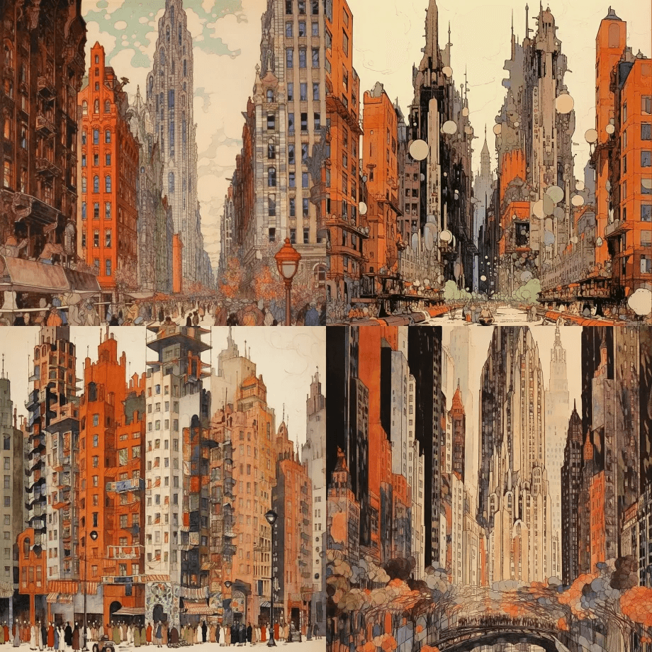 陶瓷摩天大楼街景，详细插图，暖色，作者： - Midjourney Prompt