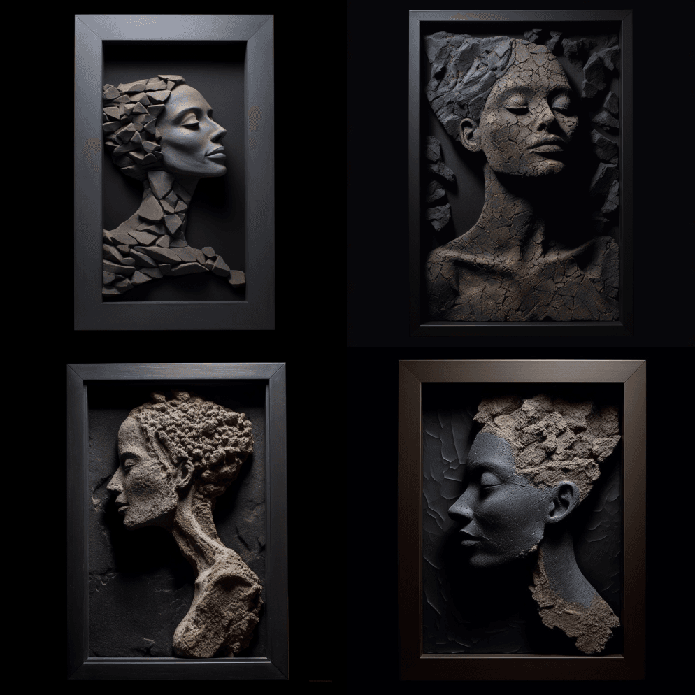 一件装框的石女艺术品，黑色背景，风格写实 - Midjourney Prompt