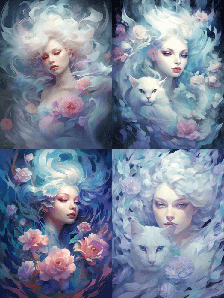 一只白色的猫和三朵玫瑰紧紧地贴在一起，风 - Midjourney Prompt