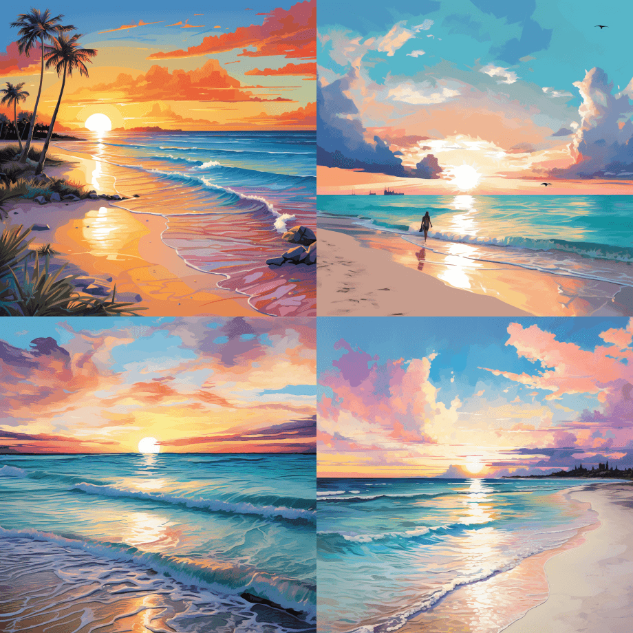 格雷斯湾海滩特克斯和凯科斯人身后有太阳落 - Midjourney Prompt