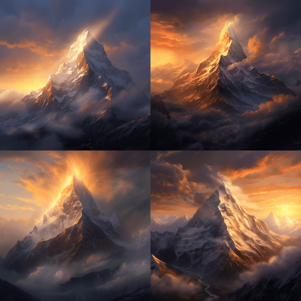 白雪皑皑的雄伟山峰，在夕阳的阳光下，斜射 - Midjourney Prompt