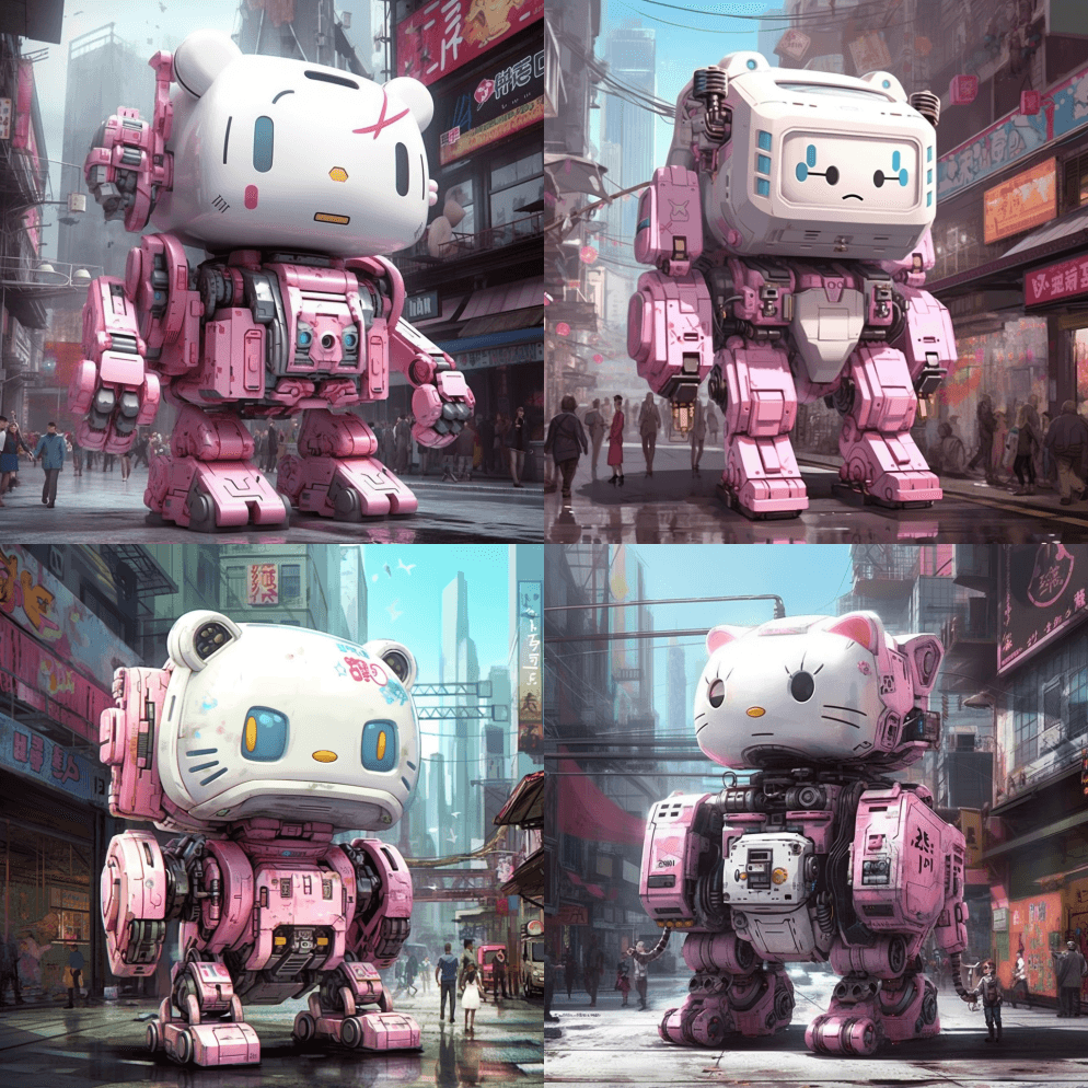 一个形似Hello Kitty的巨型战斗 - Midjourney Prompt