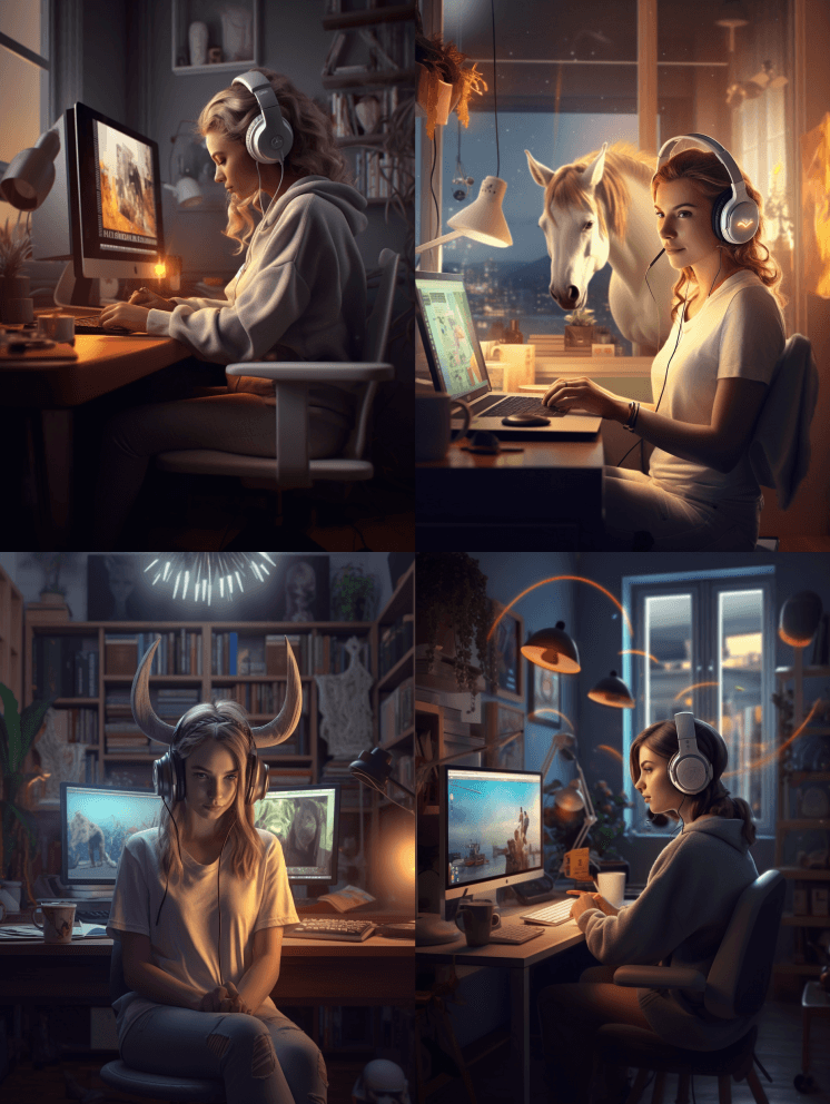 一个戴着耳机的女人正坐在她的家庭办公室的 - Midjourney Prompt