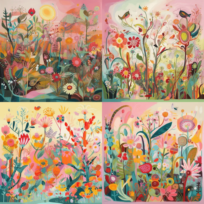 一个有趣的、异想天开的花园形象，流畅、有 - Midjourney Prompt