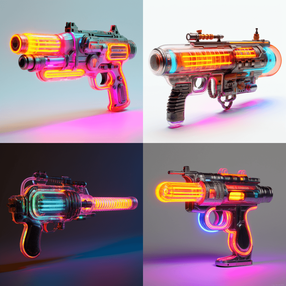 来自未来的老旧蓬乱的霓虹灯70‘S射线枪 - Midjourney Prompt