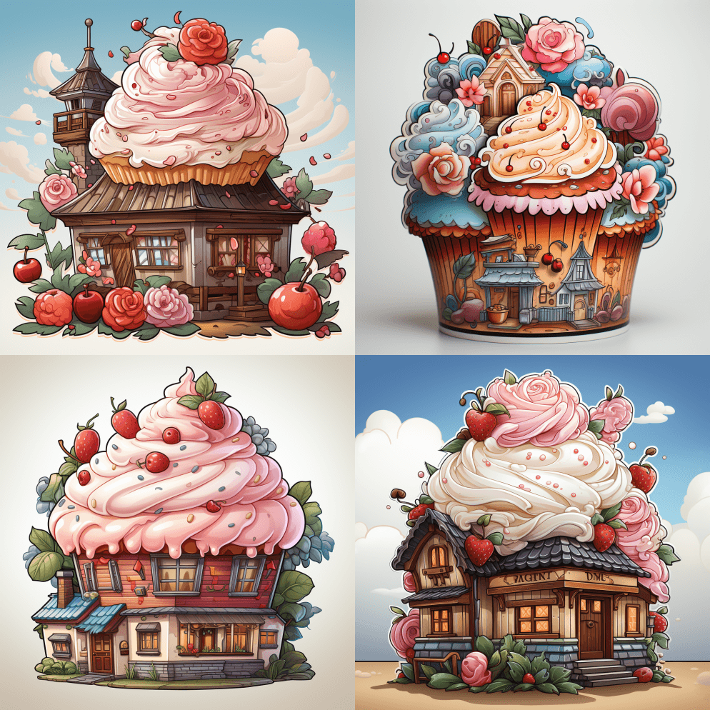 纸杯蛋糕小屋，贴纸，可爱，哑光，皮克斯， - Midjourney Prompt