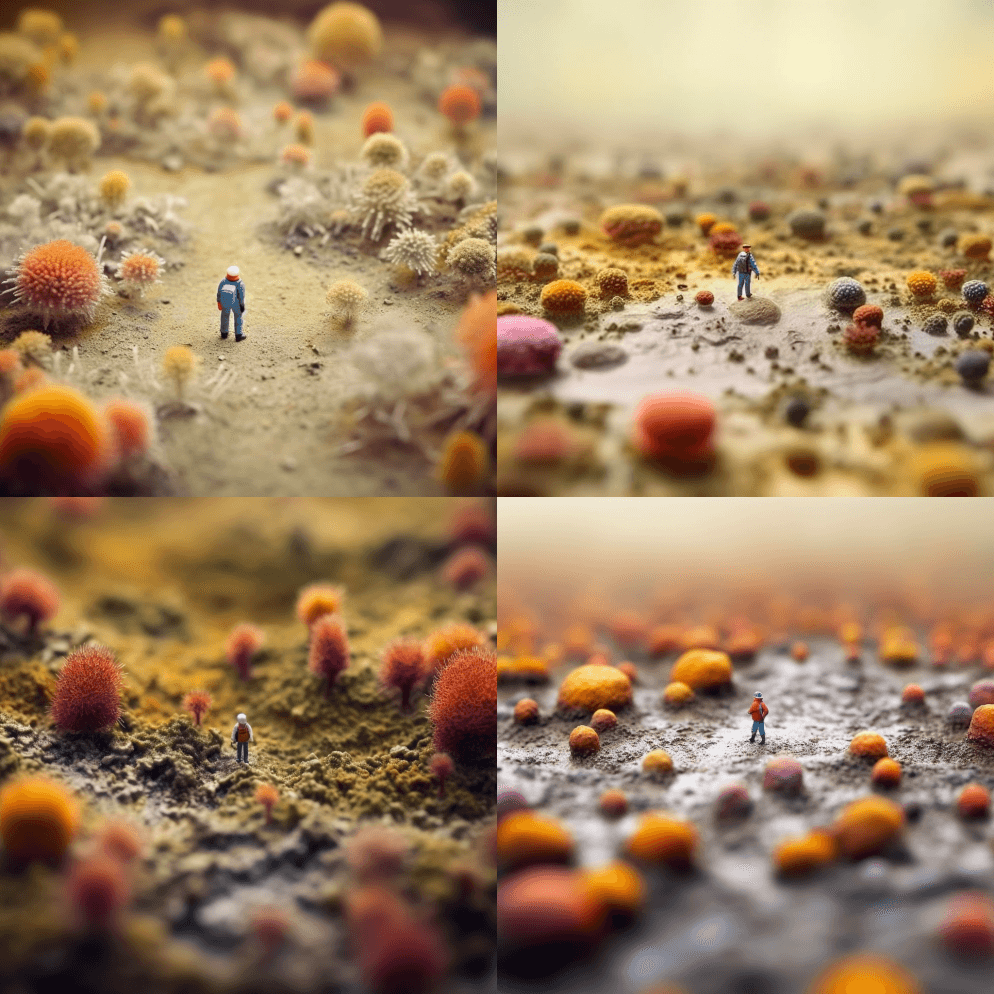 小个子男人迷失在细菌景观中，宏观照片，倾 - Midjourney Prompt