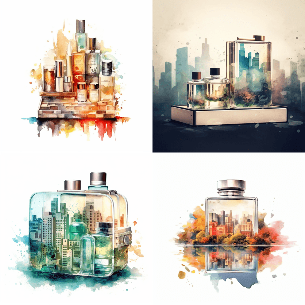 双重曝光的化妆品包装和大都会、自然风光、 - Midjourney Prompt