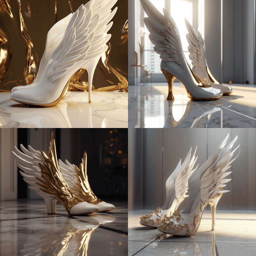 高级时尚高跟鞋，白色和金色，神圣，翅膀， - Midjourney Prompt