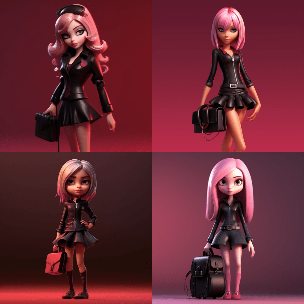 一个穿着黑色皮裙的卡通女孩拿着一个包，暗 - Midjourney Prompt