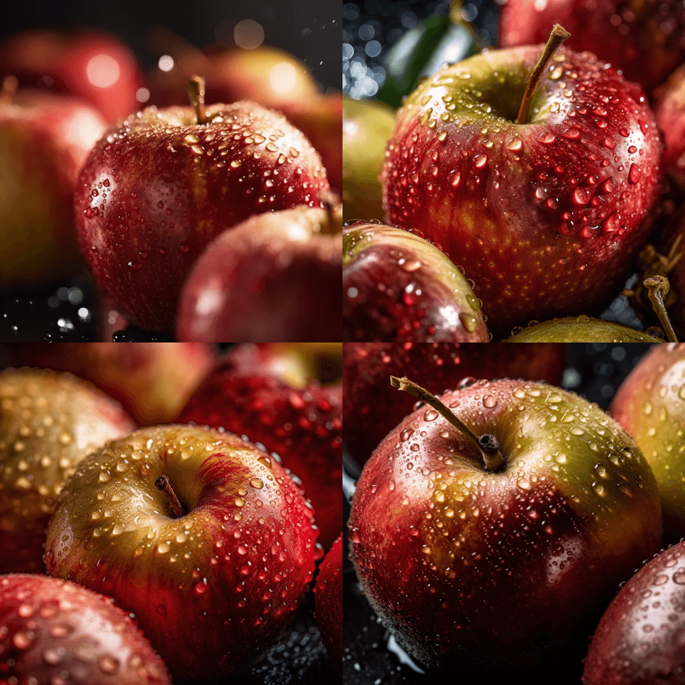 背景是刚切好的苹果，上面装饰着闪闪发光的 - Midjourney Prompt