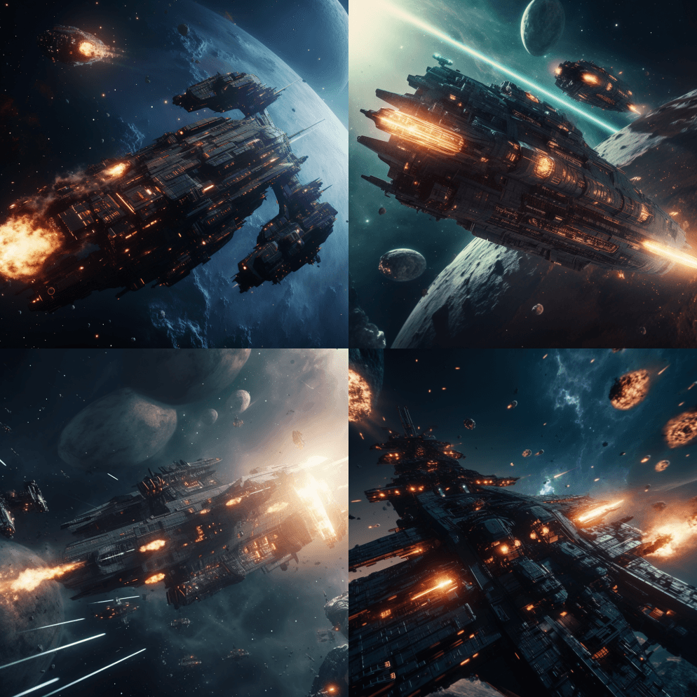 电影般的静止，两艘巨大的战列舰之间激烈 - Midjourney Prompt