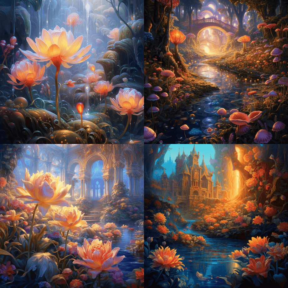 鲜艳的花朵被水滴照亮,以精致的幻想世界的 - Midjourney Prompt