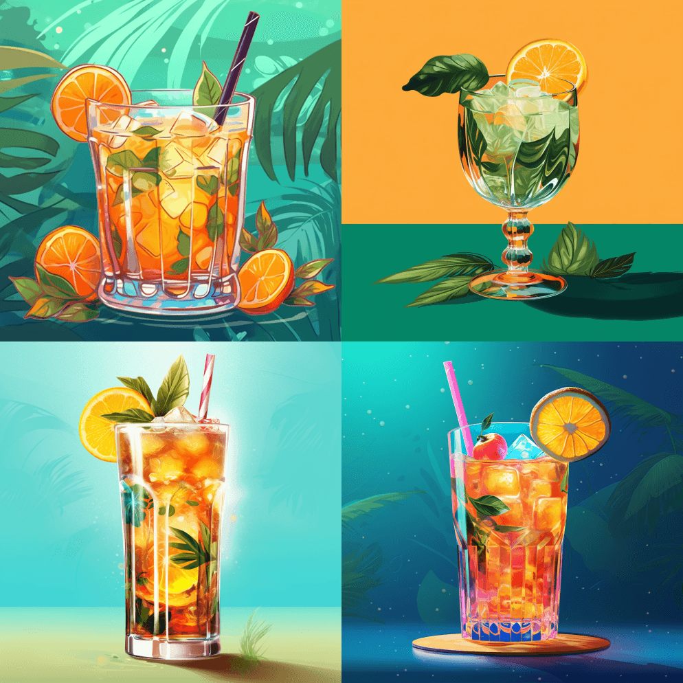 玻璃杯。配上热带鸡尾酒。无尽的背景 - Midjourney Prompt
