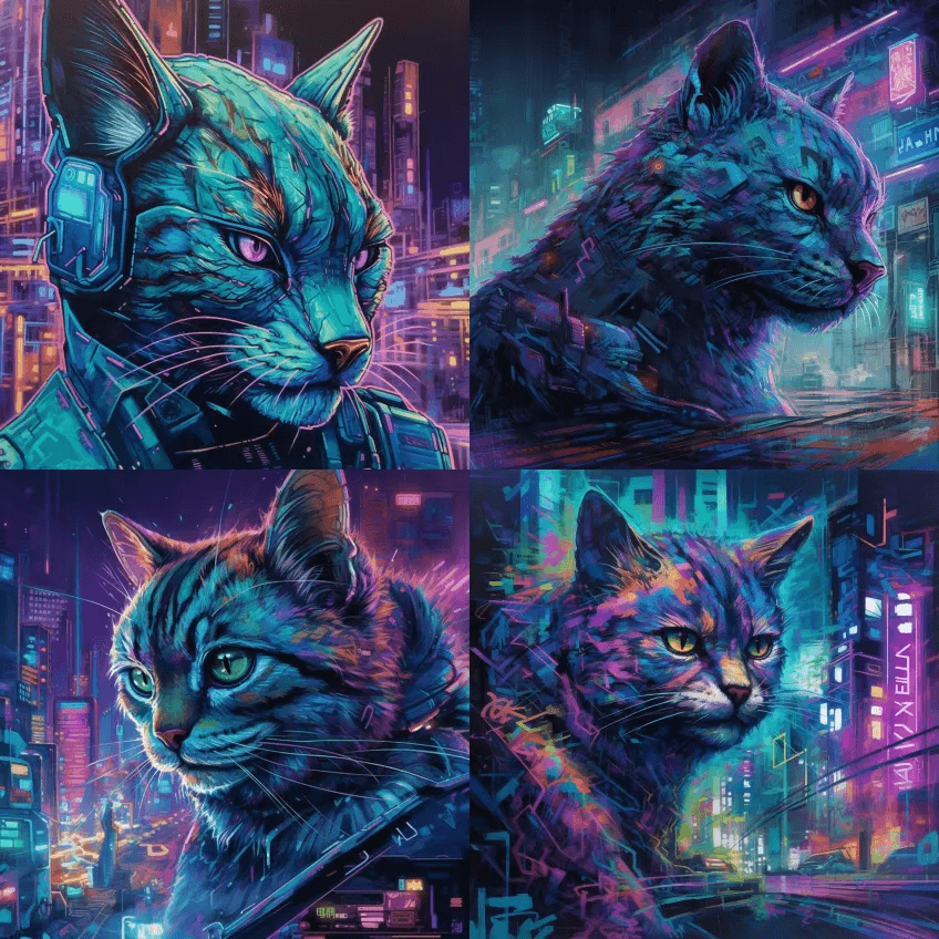 霓虹灯涂鸦，特写，赛伯朋克山猫，前卫和未 - Midjourney Prompt