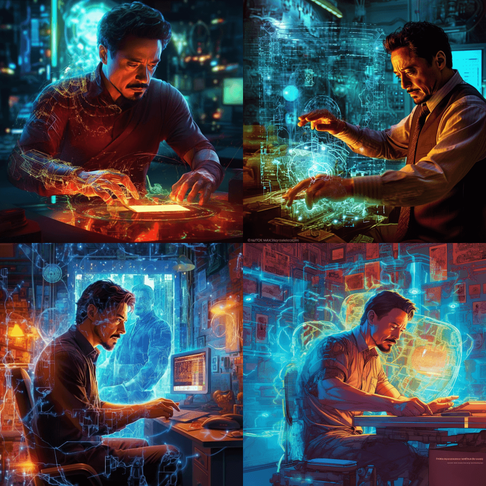 托尼·斯塔克使用数字全息图构建铁人三项， - Midjourney Prompt