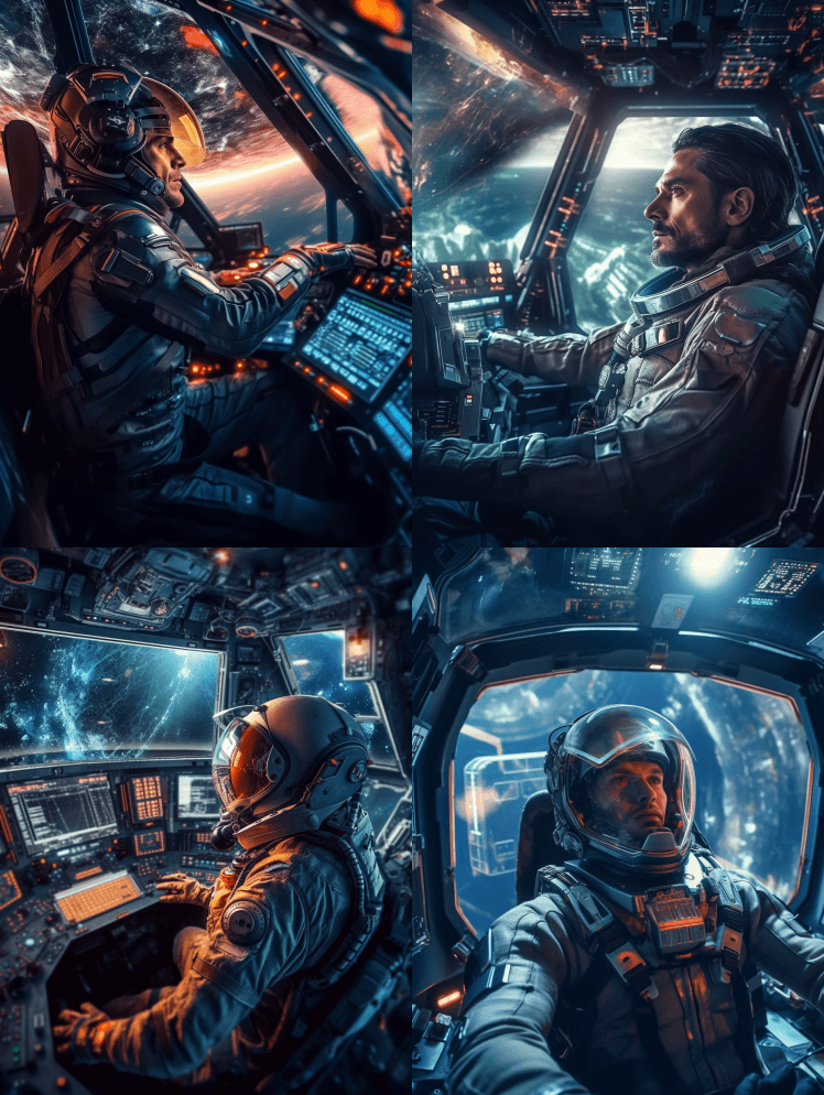 飞船船长的舱室，一个穿着宇航服的人在驾驶 - Midjourney Prompt
