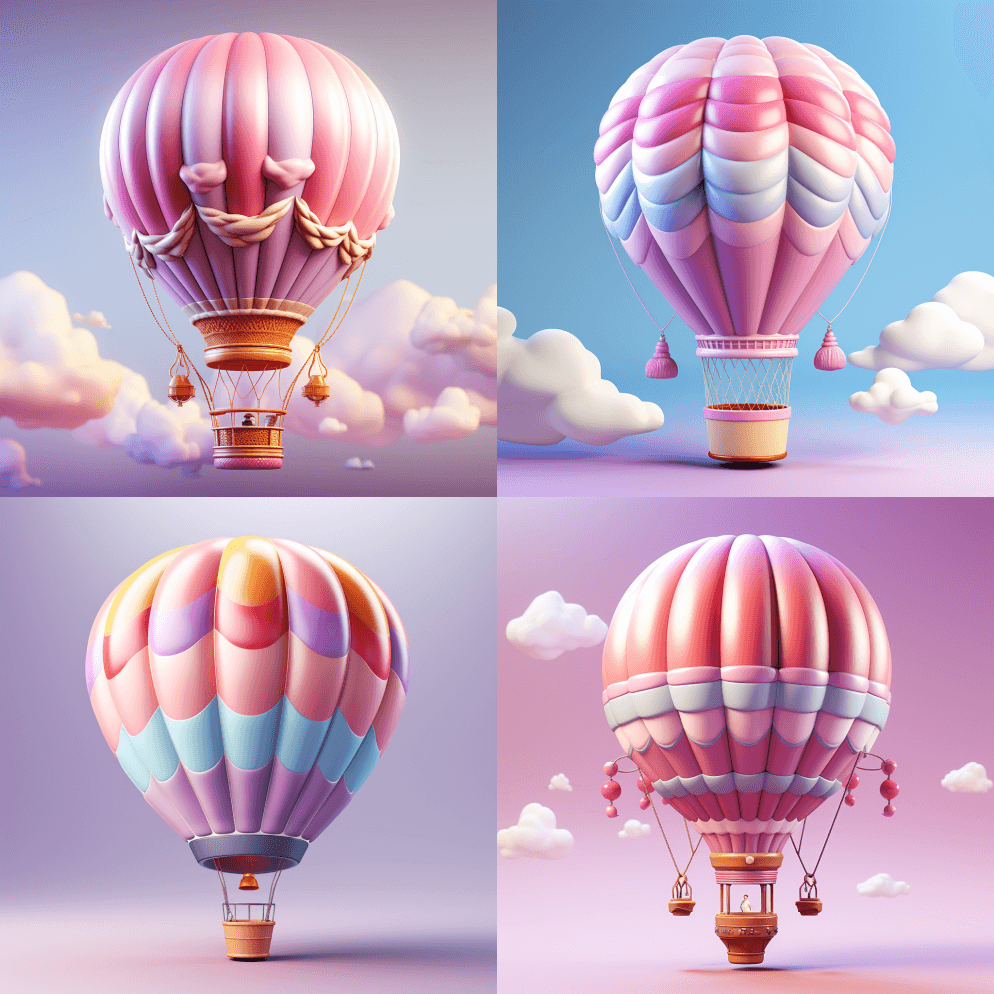 热气球3D图标，粉色，淡黄色，淡紫色，干 - Midjourney Prompt