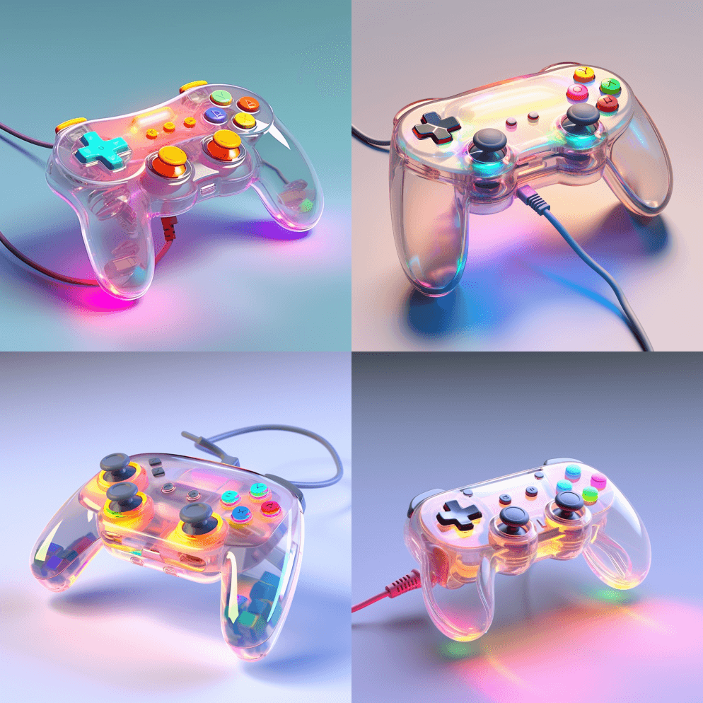 玻璃形态和气动3D设计的游戏手柄，半透明 - Midjourney Prompt