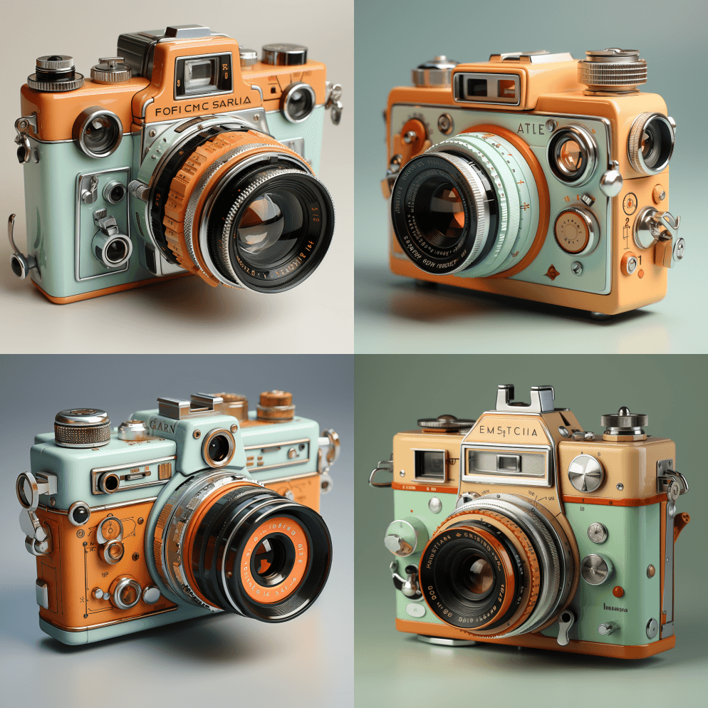 紧凑的复古相机设计，细节，丰富的色彩，摄 - Midjourney Prompt