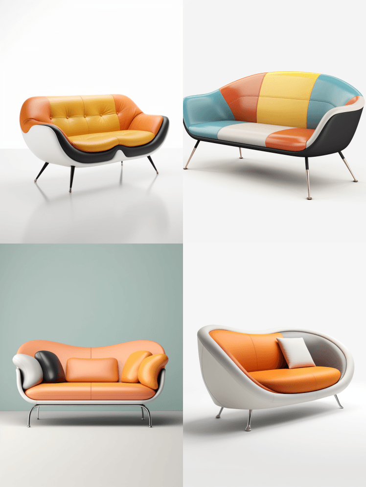 以空间为灵感的沙发，采用复古未来主义设计 - Midjourney Prompt