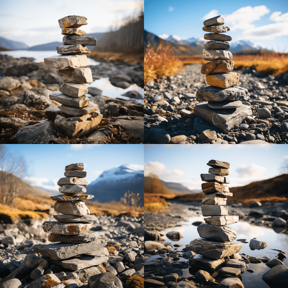 一个极简主义的因努舒克人，由成堆的石头组 - Midjourney Prompt