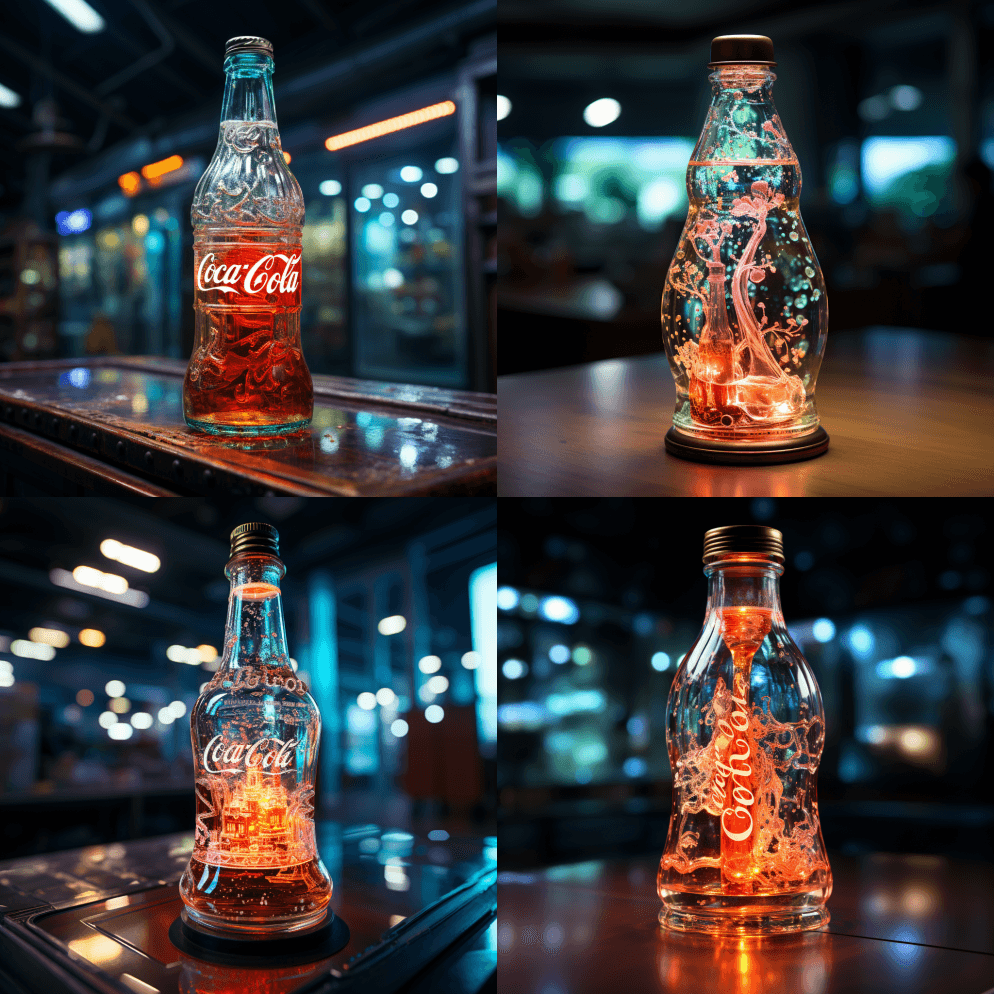装满液体霓虹灯的可口可乐瓶 - Midjourney Prompt